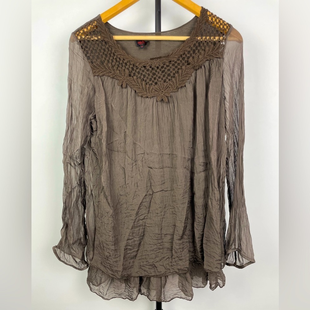 Carla Conti Brown Pintuck Pure Silk‎ Long Sleeve Crochet Trim Blouse Top